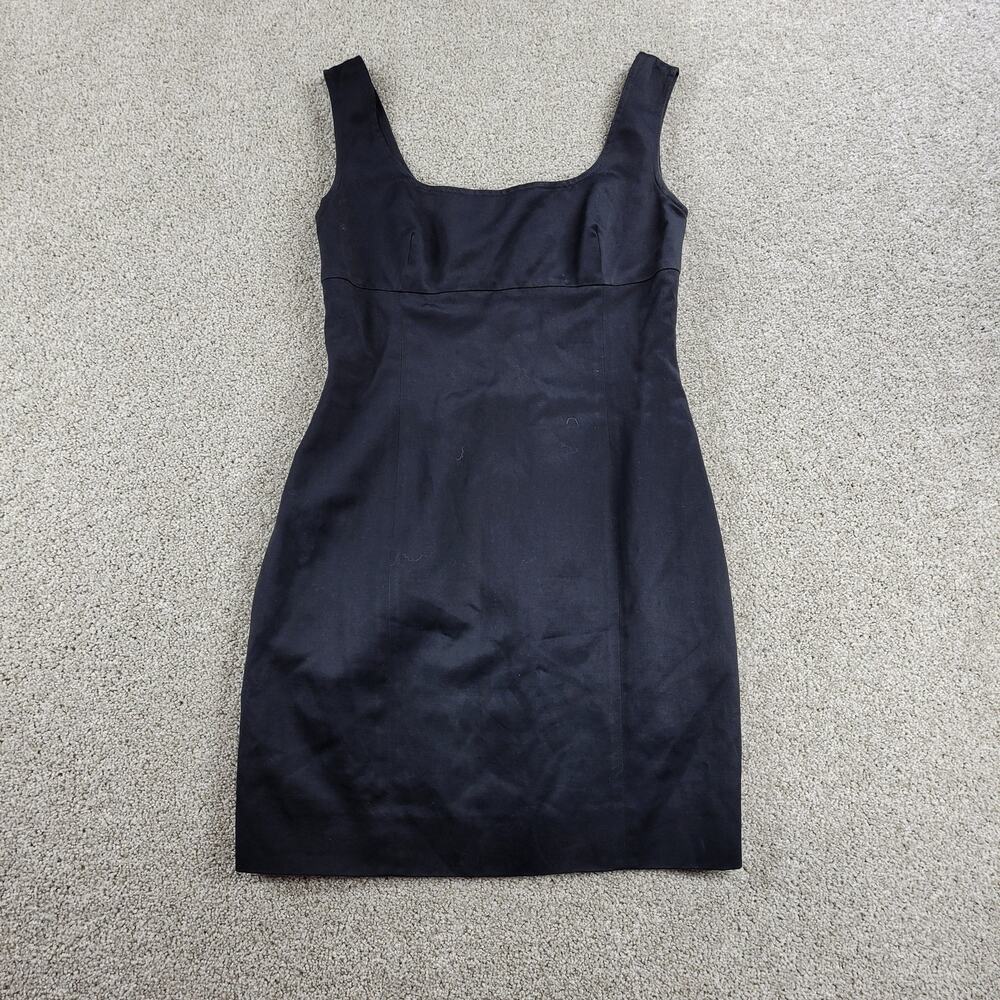 VTG Salvatore Ferragamo Dress 42 Black Linen Sheath Square Neck Straps LBD